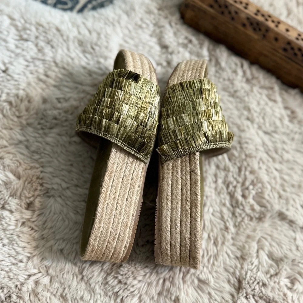 Paloma Barceló Olive Green Raffia Platform Slide Sandals - Picture 5 of 11